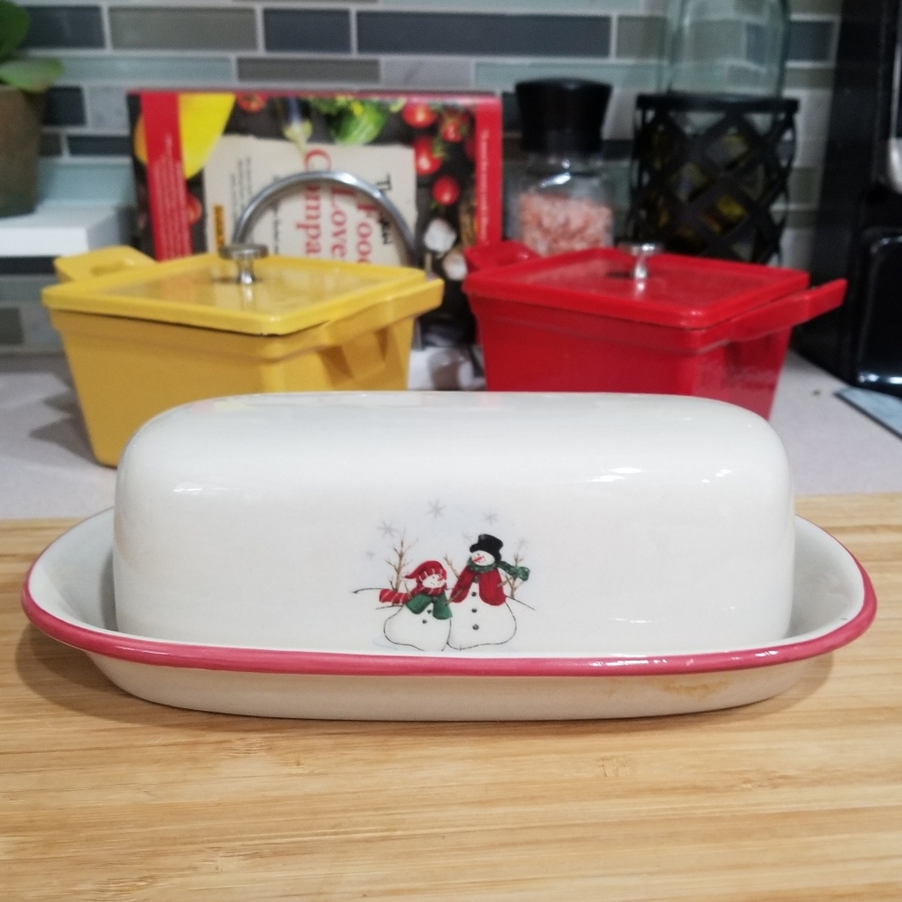 Royal Seasons Snowman Stoneware Tabletop  1/4Lb‎ Covered Butter Dish Christmas